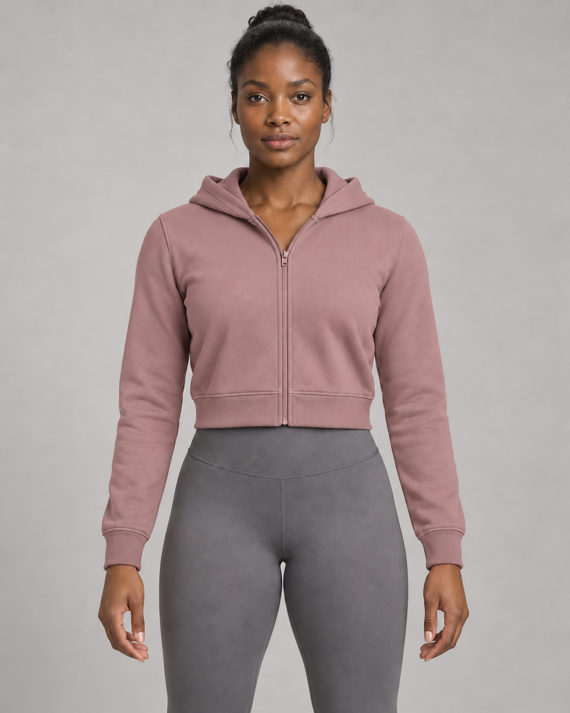 AI-generated design concept: Formline Cropped Zip Hoodie in Dusty Rose, front view.