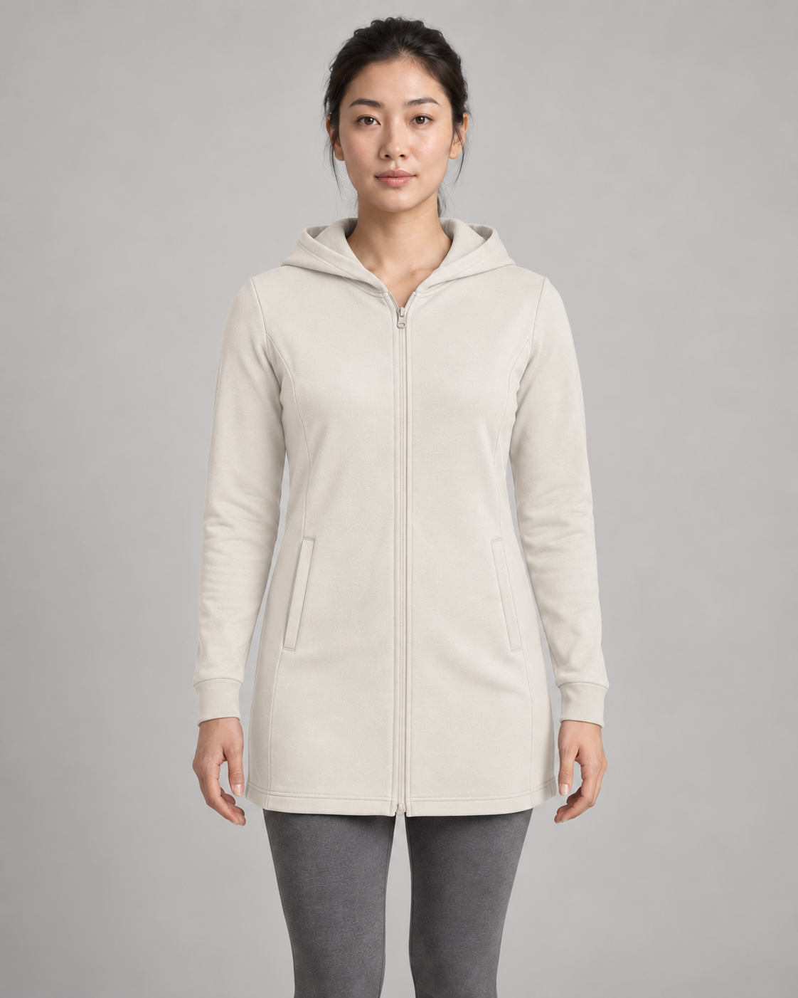 AI-generated design concept: Formline Longline Zip Hoodie in Chalk, front view.