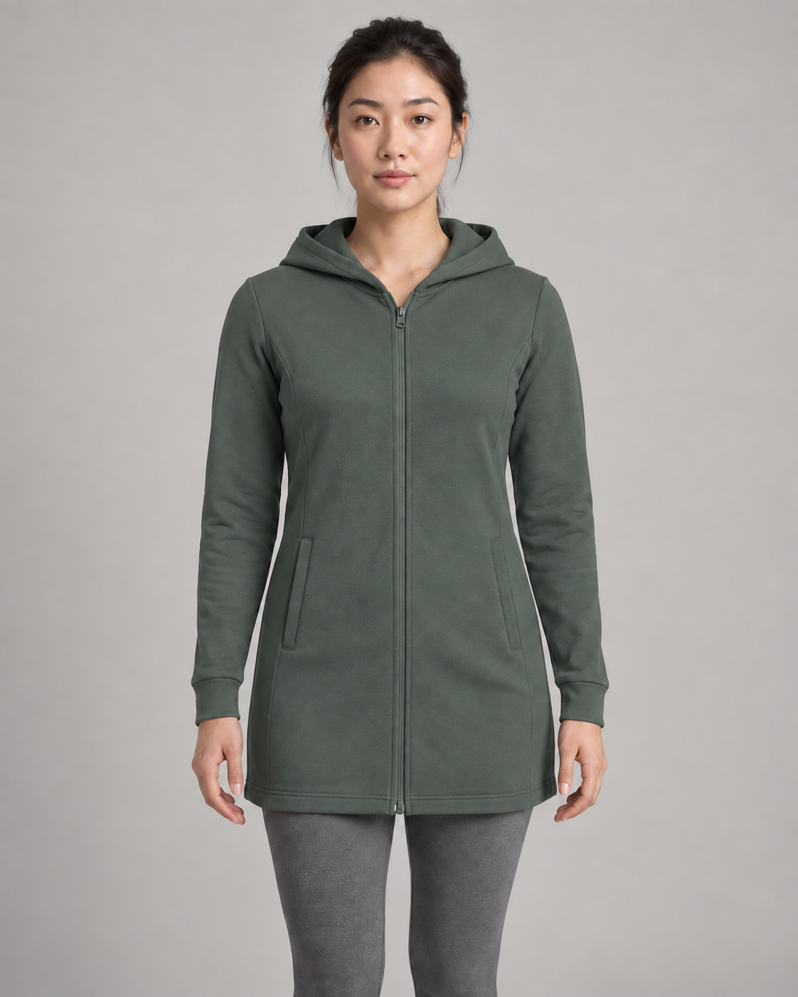 AI-generated design concept: Formline Longline Zip Hoodie in Juniper, front view.