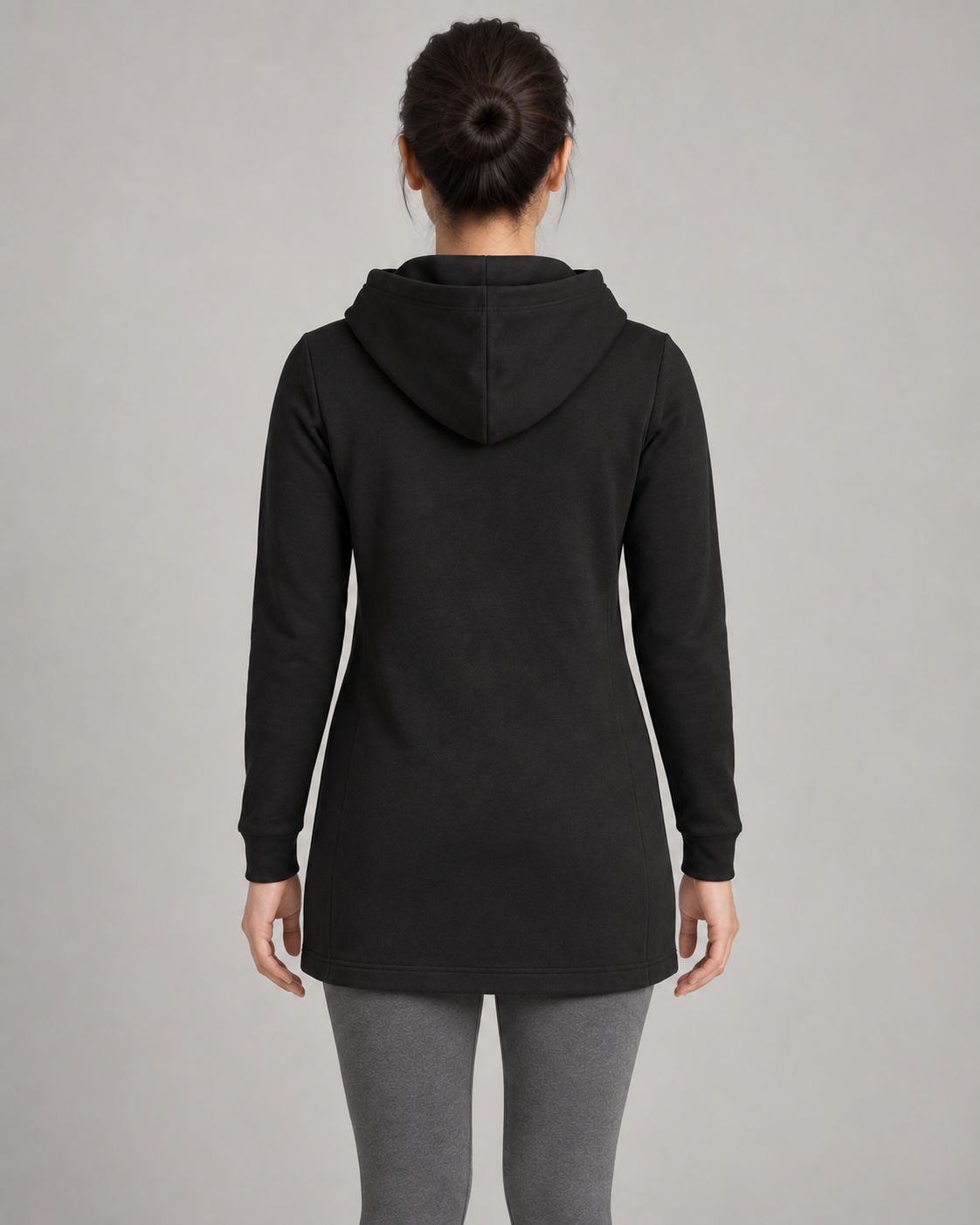 AI-generated design concept: Formline Longline Zip Hoodie in Onyx, back view.