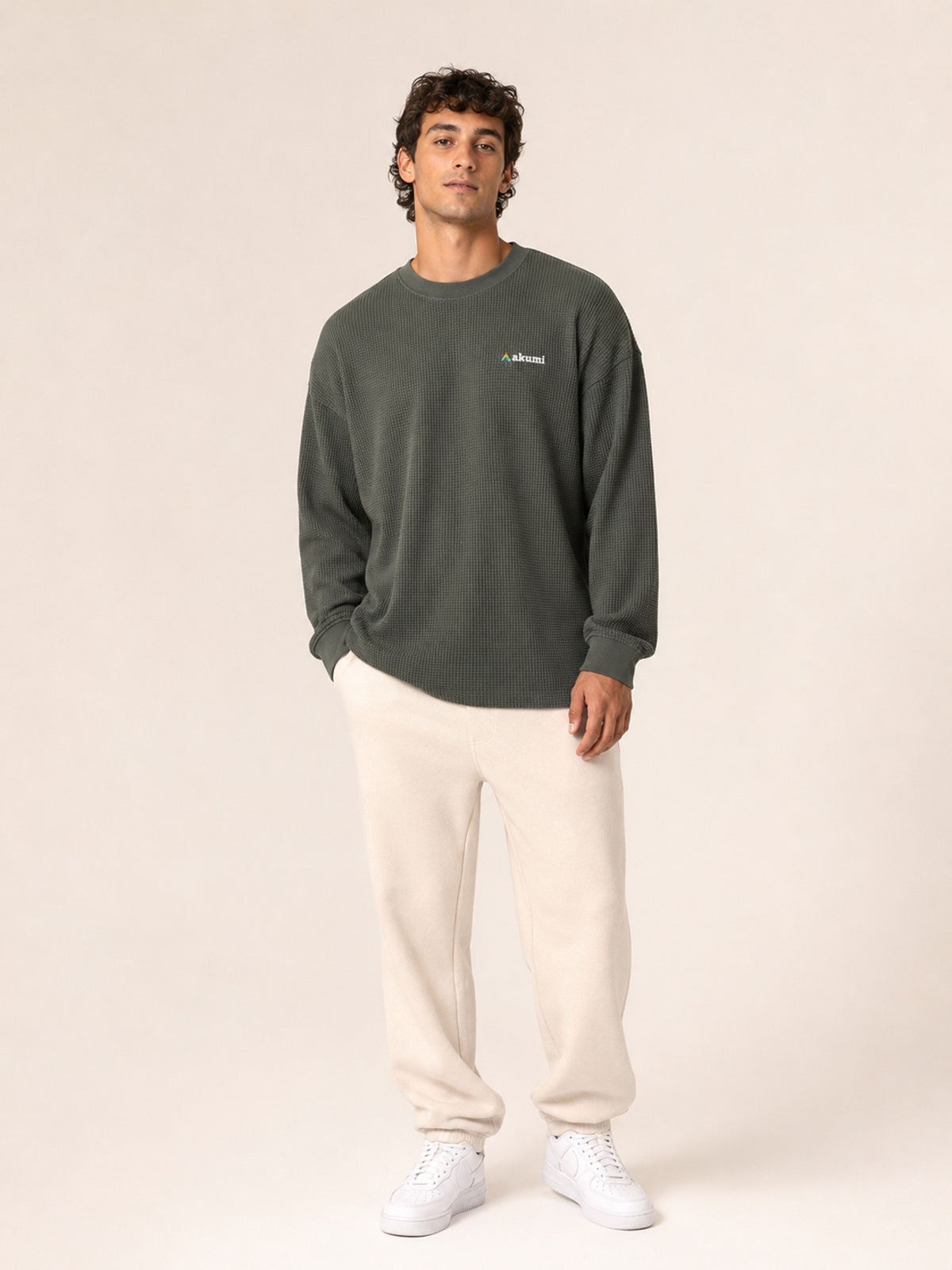 Akumi Gridsoft Waffle Long Sleeve in River Moss hero studio look