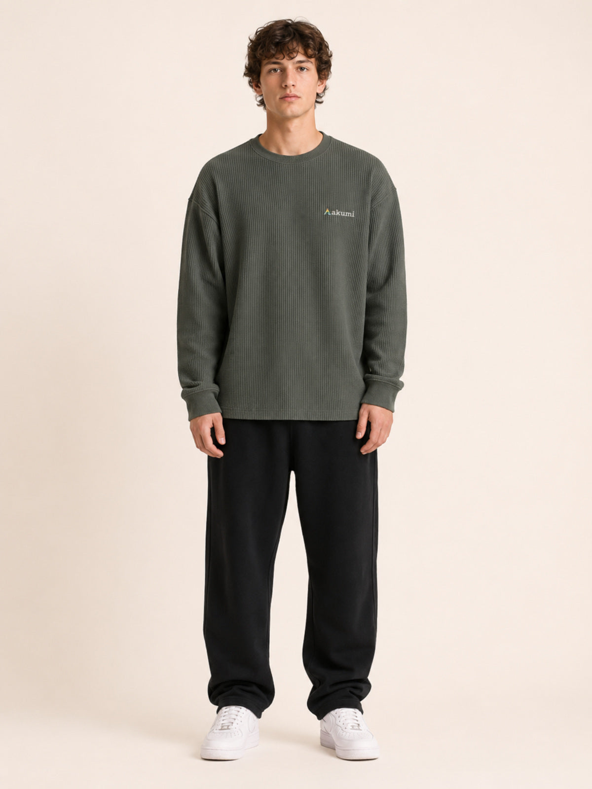 Akumi Gridsoft Waffle Long Sleeve in River Moss front view