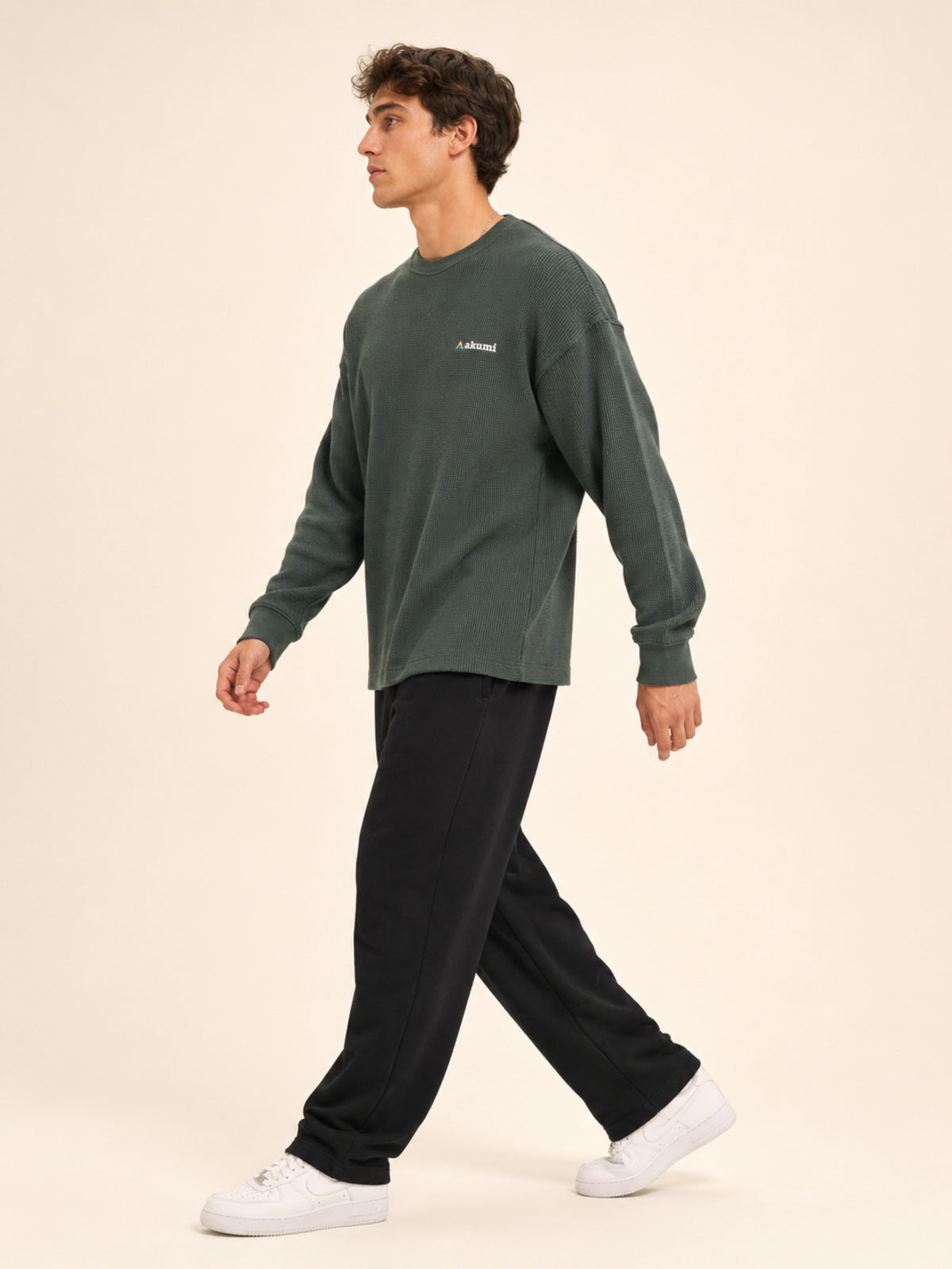 Akumi Gridsoft Waffle Long Sleeve in River Moss side view