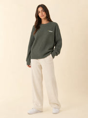Akumi Gridsoft Waffle Long Sleeve in River Moss relaxed fit on model