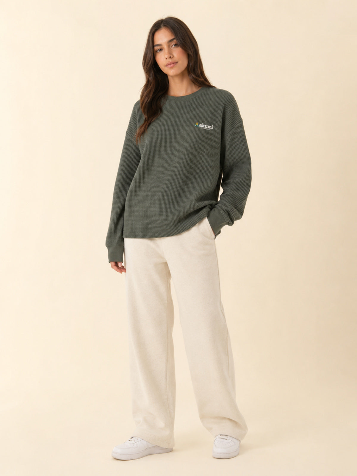Akumi Gridsoft Waffle Long Sleeve in River Moss relaxed fit on model