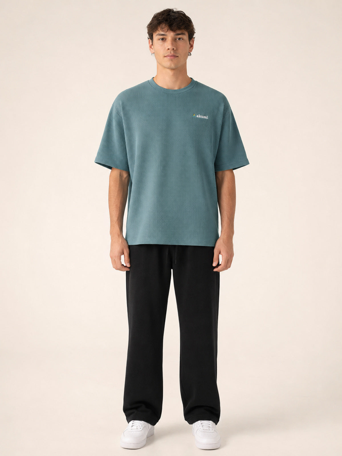 Akumi Gridsoft Waffle Tee in Lagoon Mist front view