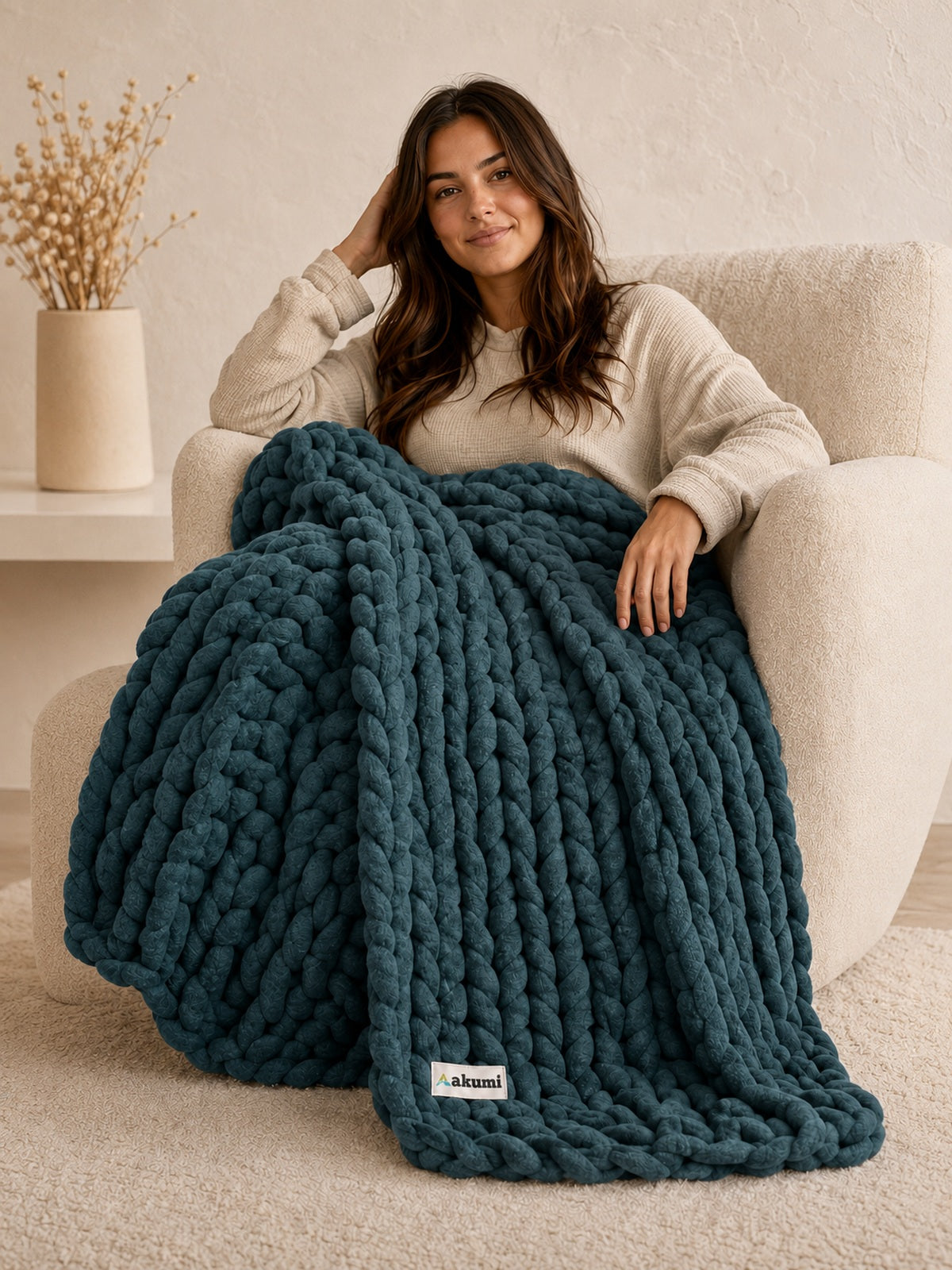 Akumi Groundloop Weighted Blanket Deep Harbor hero view with sewn woven hem label