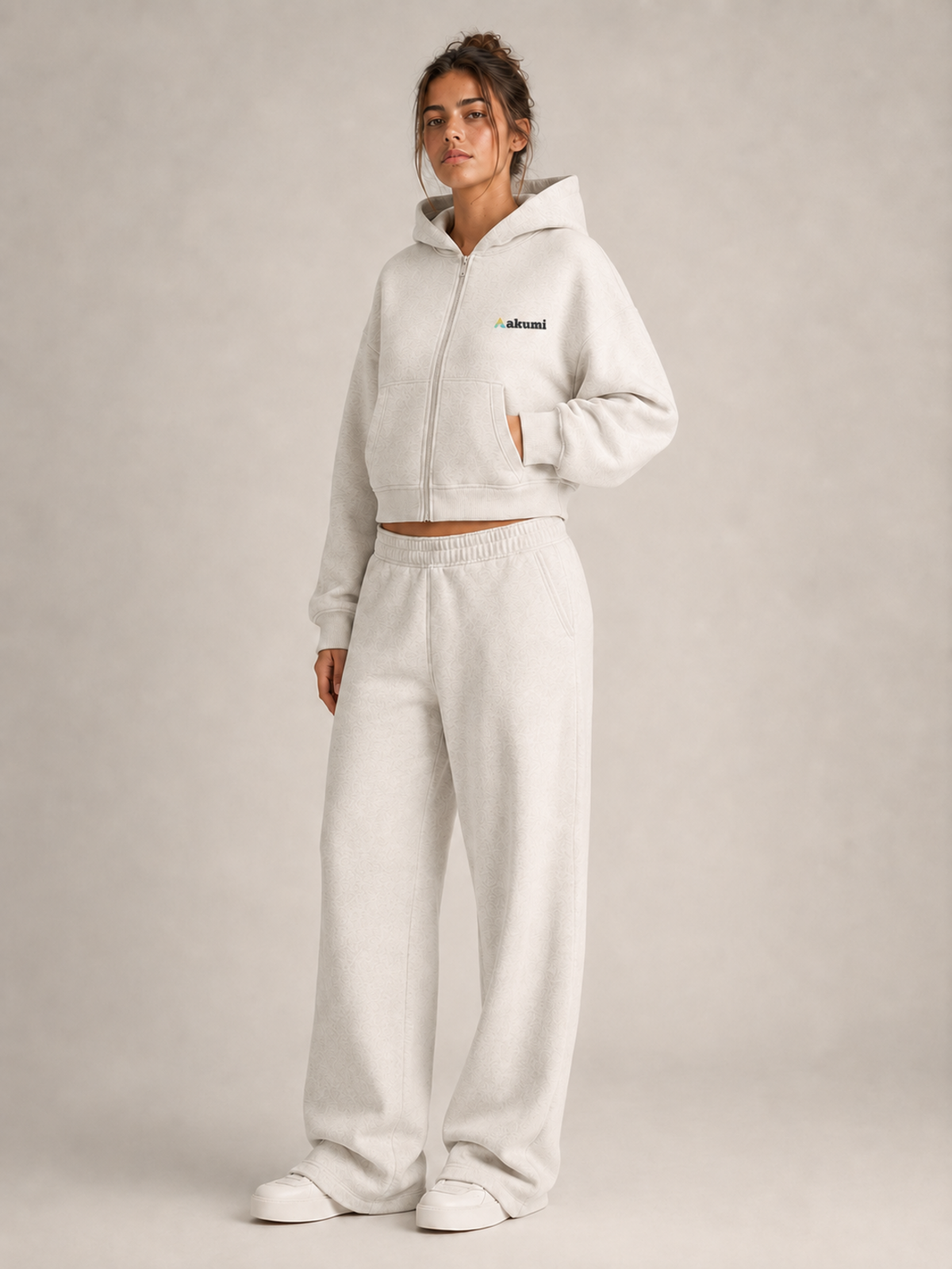 Akumi Halfmoon Crop Zip Hoodie in Mist Oat, product view 2; single left-chest hero logo when visible