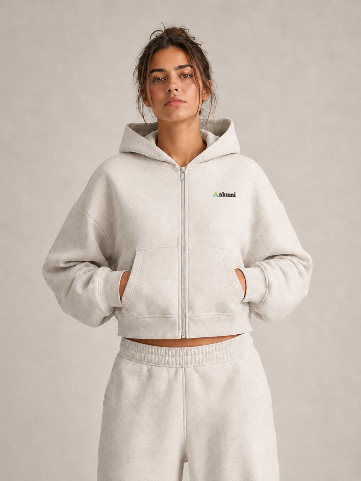 Akumi Halfmoon Crop Zip Hoodie in Mist Oat, product view 3; single left-chest hero logo when visible