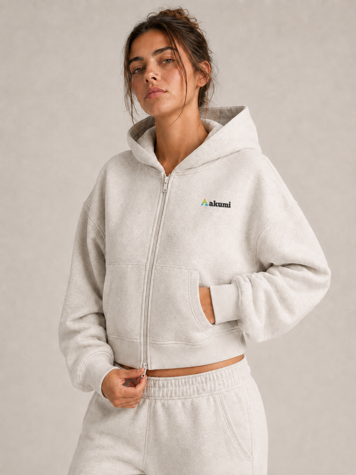 Akumi Halfmoon Crop Zip Hoodie in Mist Oat, product view 6; single left-chest hero logo when visible