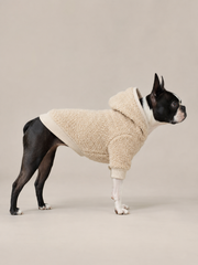 Akumi Hearthcurl Pet Hoodie in Oat Sherpa side fit showing plush sherpa texture