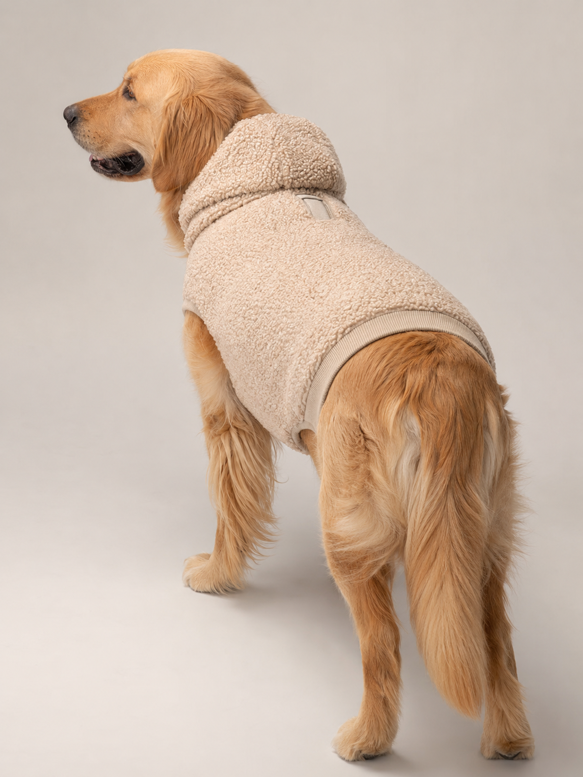 Akumi Hearthcurl Pet Hoodie in Oat Sherpa back view with leash opening