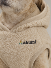 Akumi Hearthcurl Pet Hoodie in Oat Sherpa matching raised embroidered logo and sherpa detail