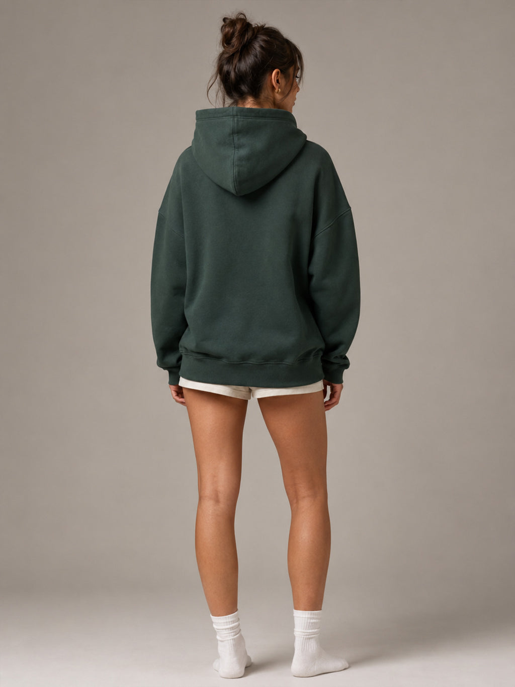 Akumi Hushweight Hoodie in Ash Pine female full-body back studio view