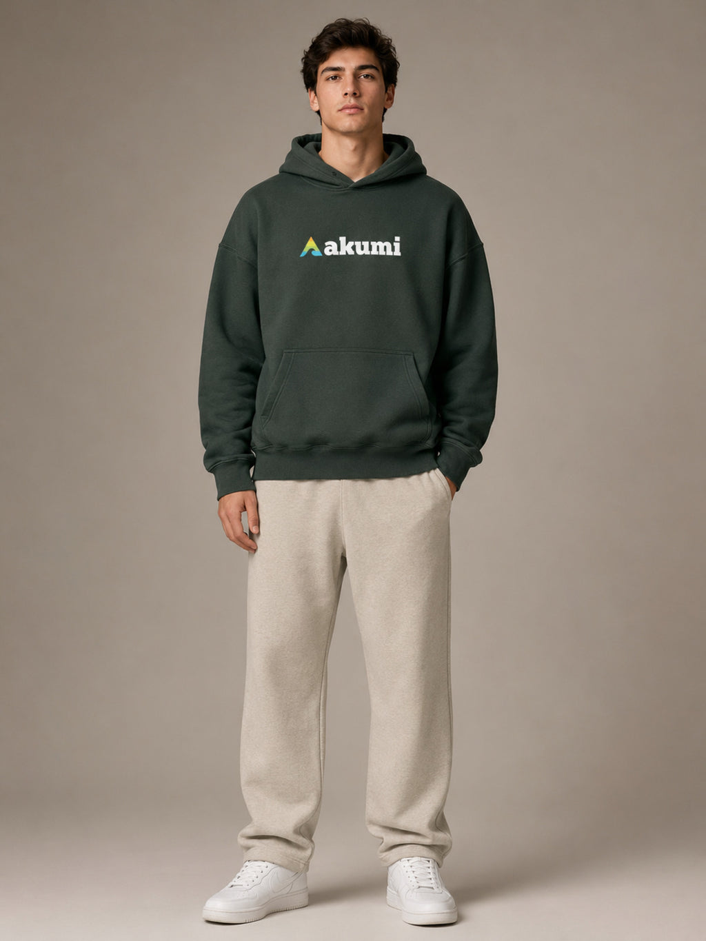 Akumi Hushweight Hoodie in Ash Pine male straight-on front studio view