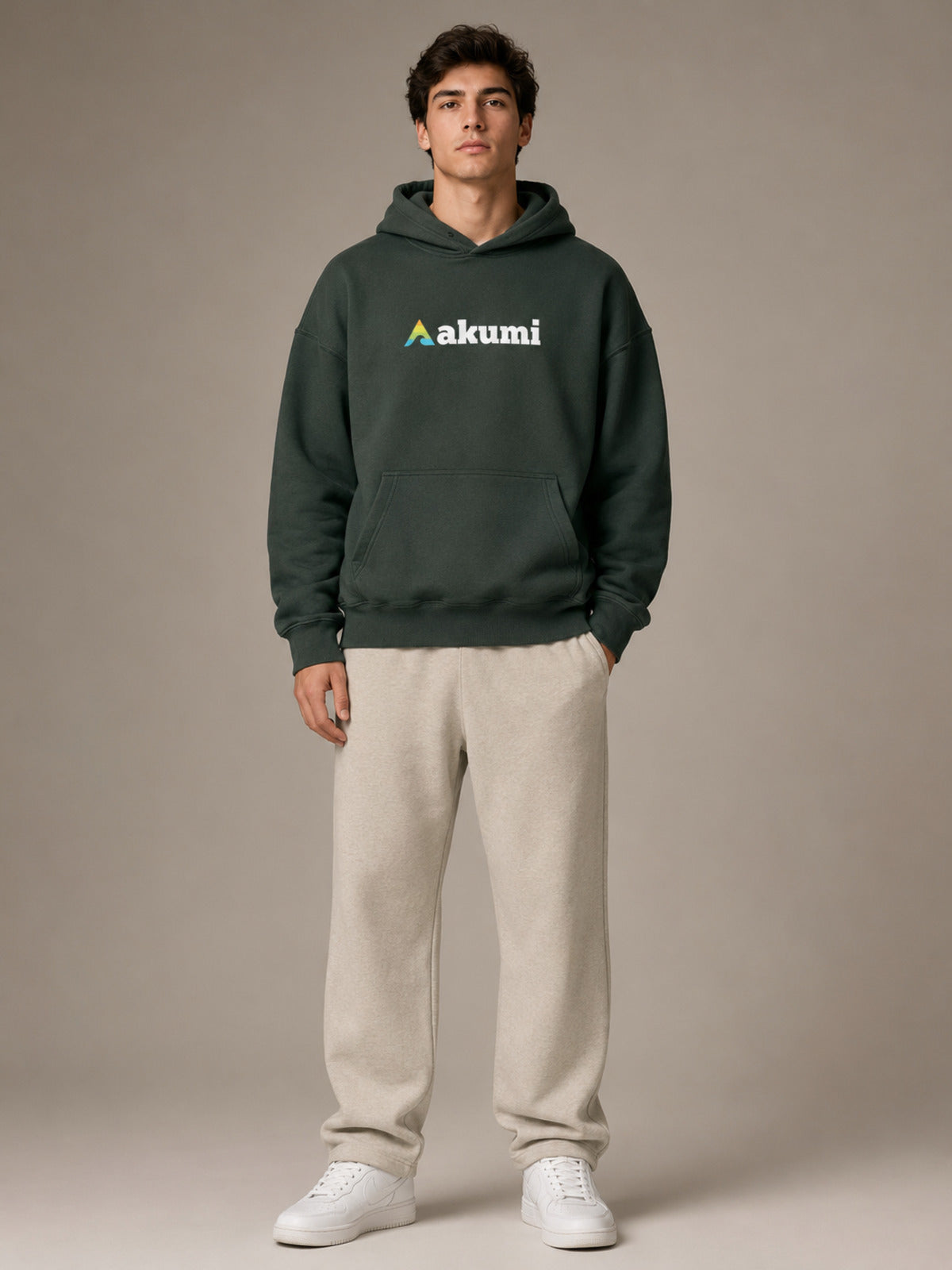 Akumi Hushweight Hoodie in Ash Pine male straight-on front studio view