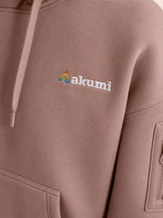 Akumi Layover Rest Hoodie in Terminal Rose embroidered logo and sleeve pocket detail