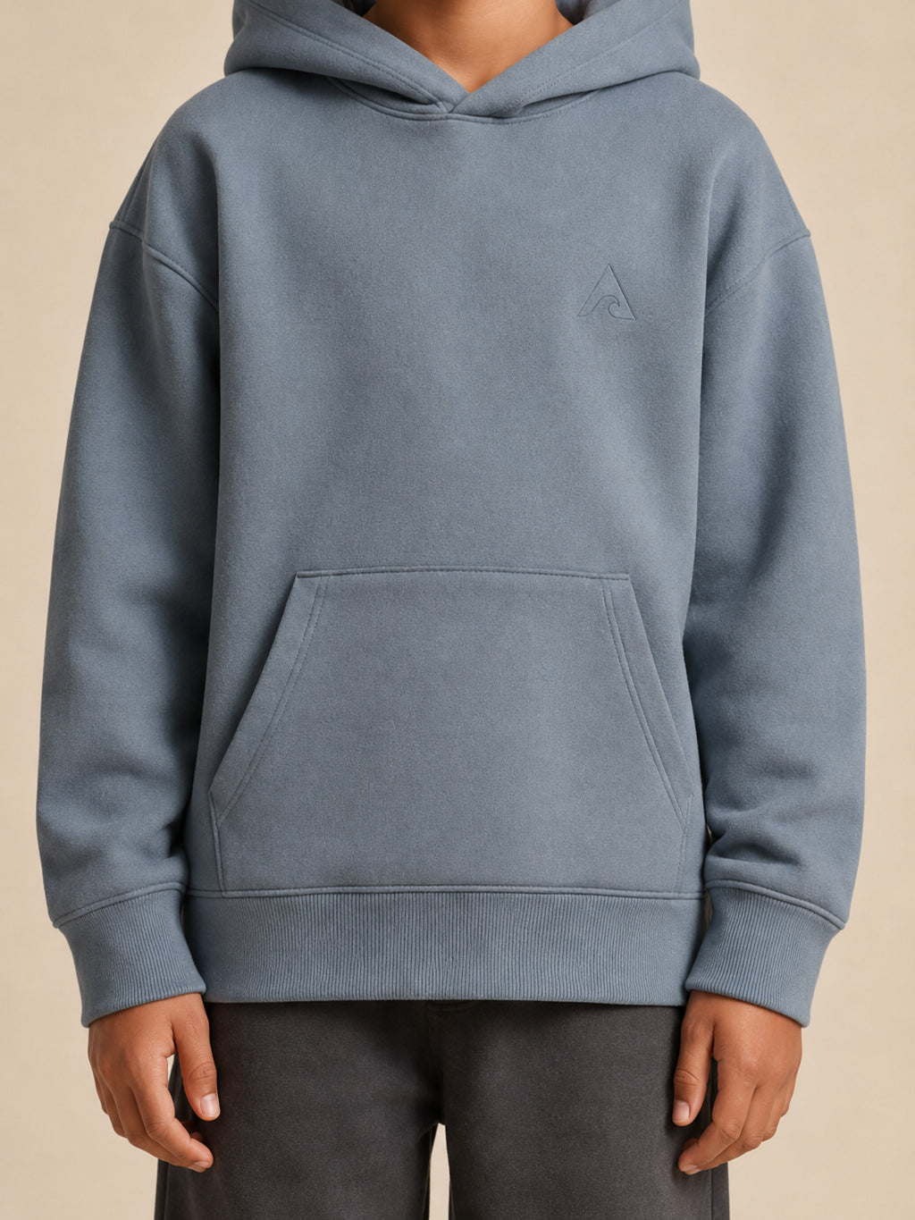 Akumi Little Current Kids Hoodie tonal A-wave embroidery and fleece detail