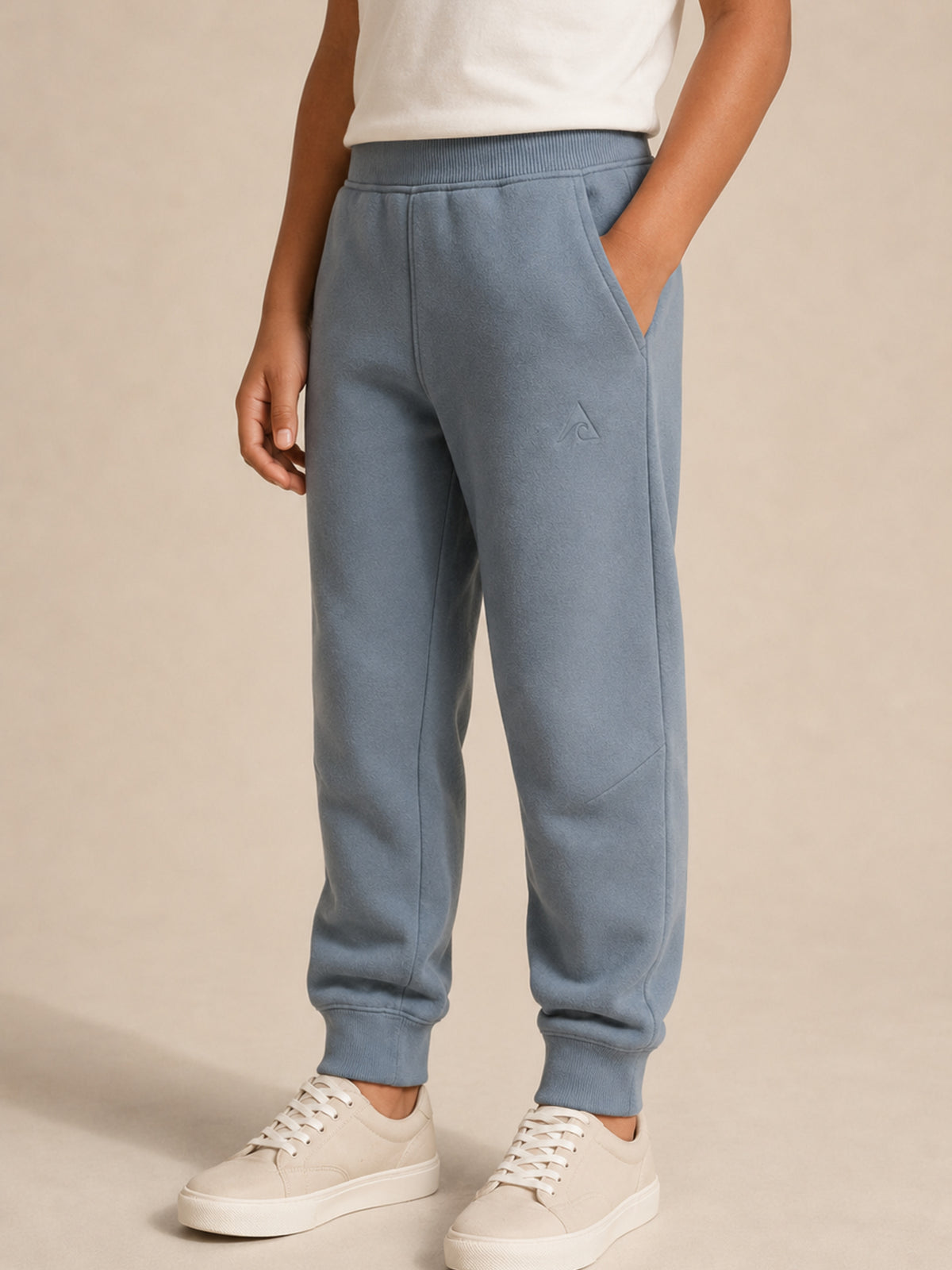 Akumi Little Current Kids Sweatpant in Pacific Mist, waistband pocket and front detail