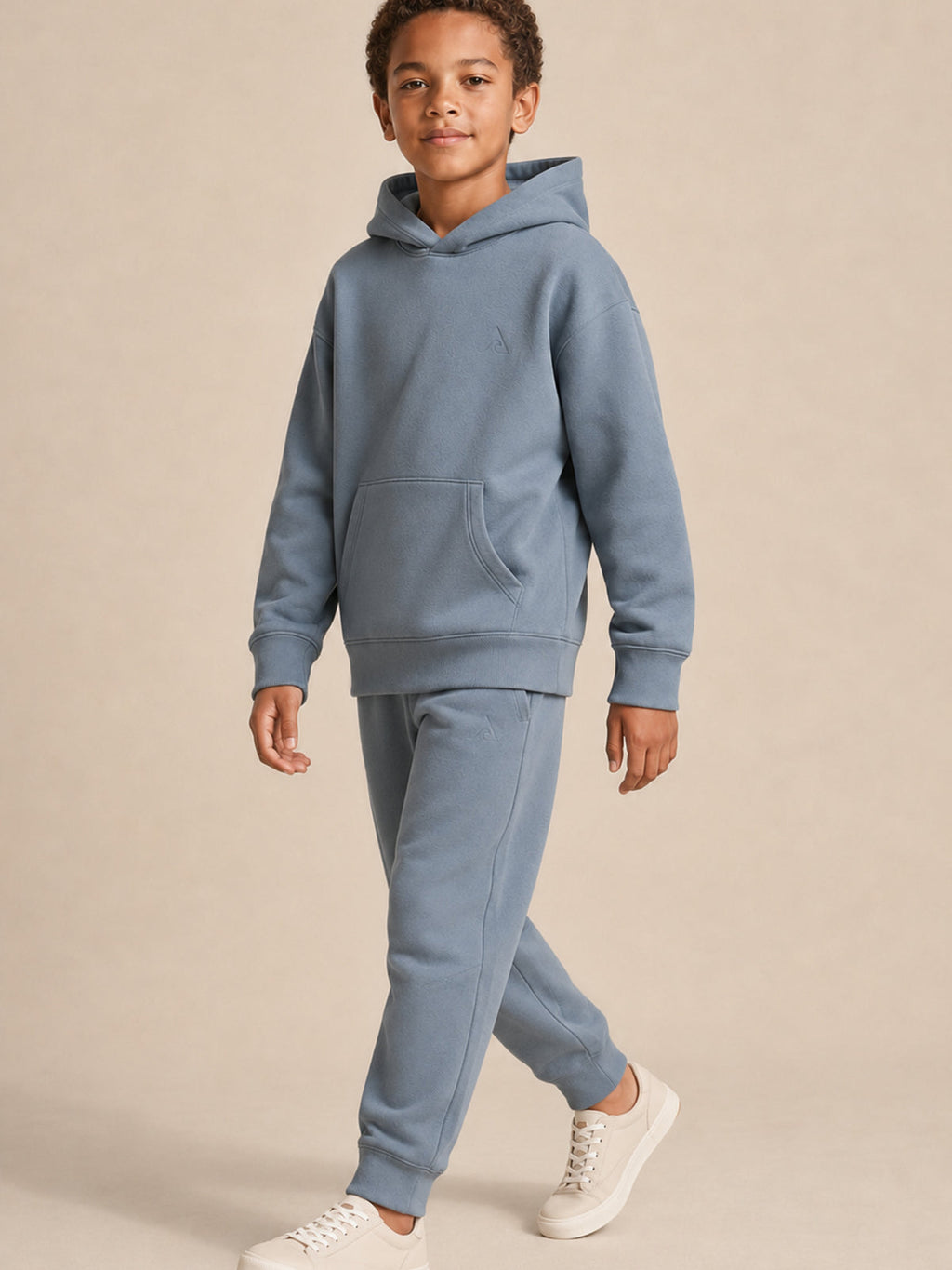 Akumi Little Current Kids Sweatpant in Pacific Mist, walking fit view