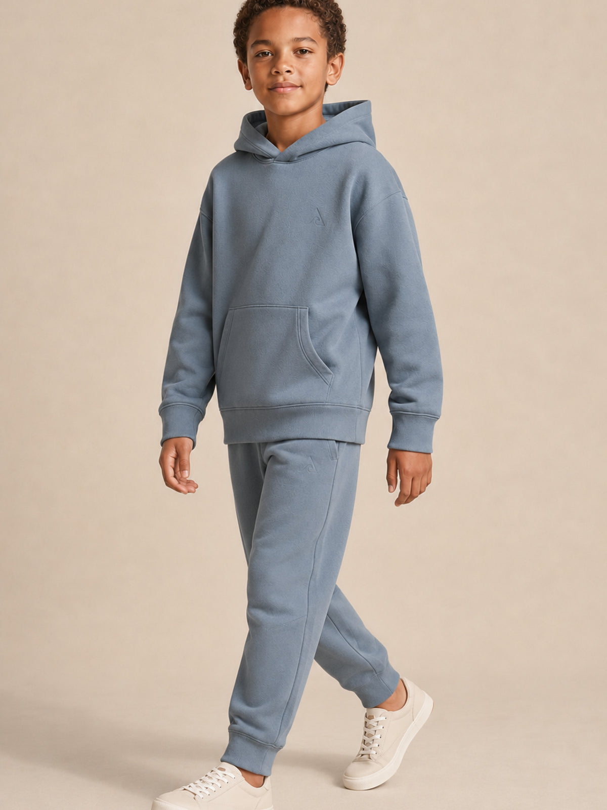 Akumi Little Current Kids Sweatpant in Pacific Mist, walking fit view