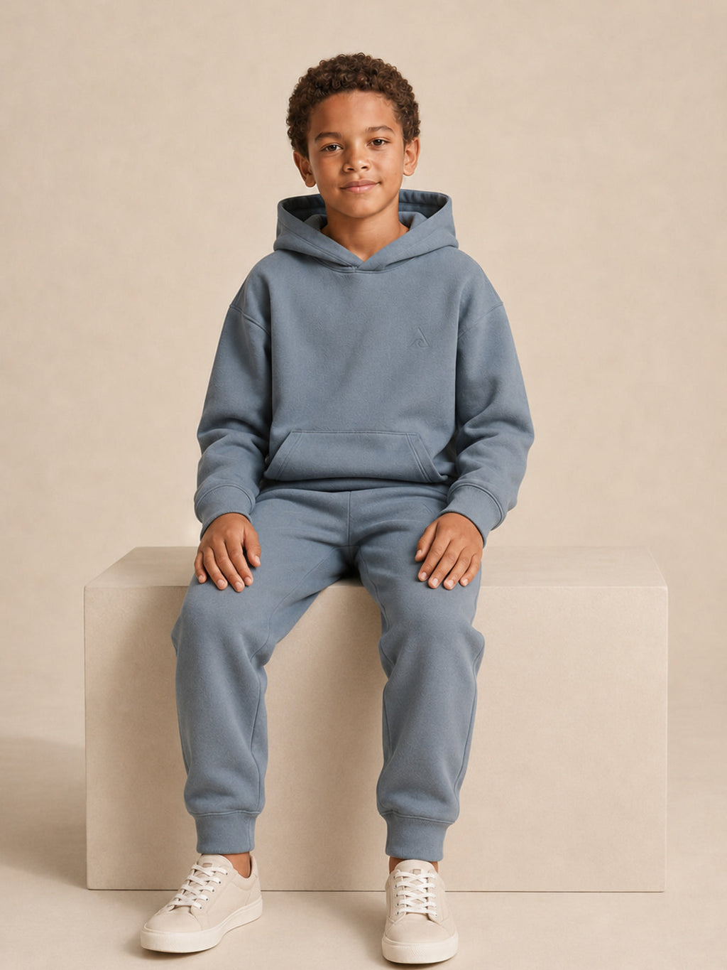 Akumi Little Current Kids Sweatpant in Pacific Mist, seated matching set view