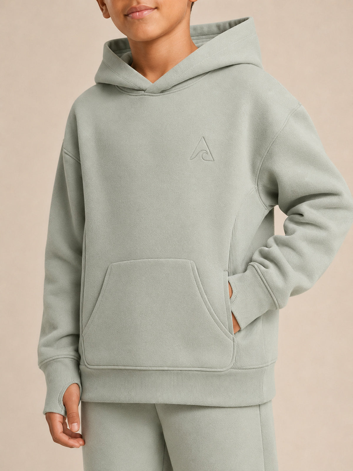 Akumi Little Driftlight Hoodie in Cloud Sage pocket and cuff detail