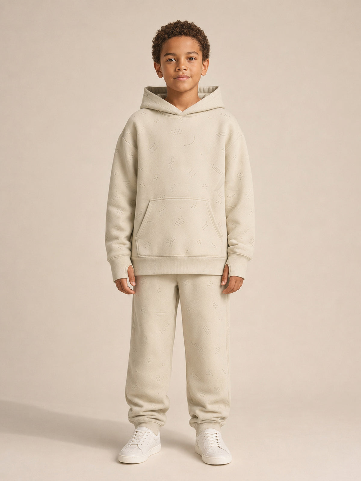 Akumi Little Fieldstitch Kids Hoodie in Oat Meadow front set