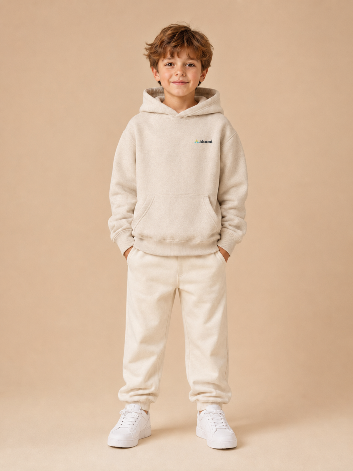 Akumi Little Summitmark Hoodie Alpine Oat view 1, single left-chest Akumi embroidery when visible