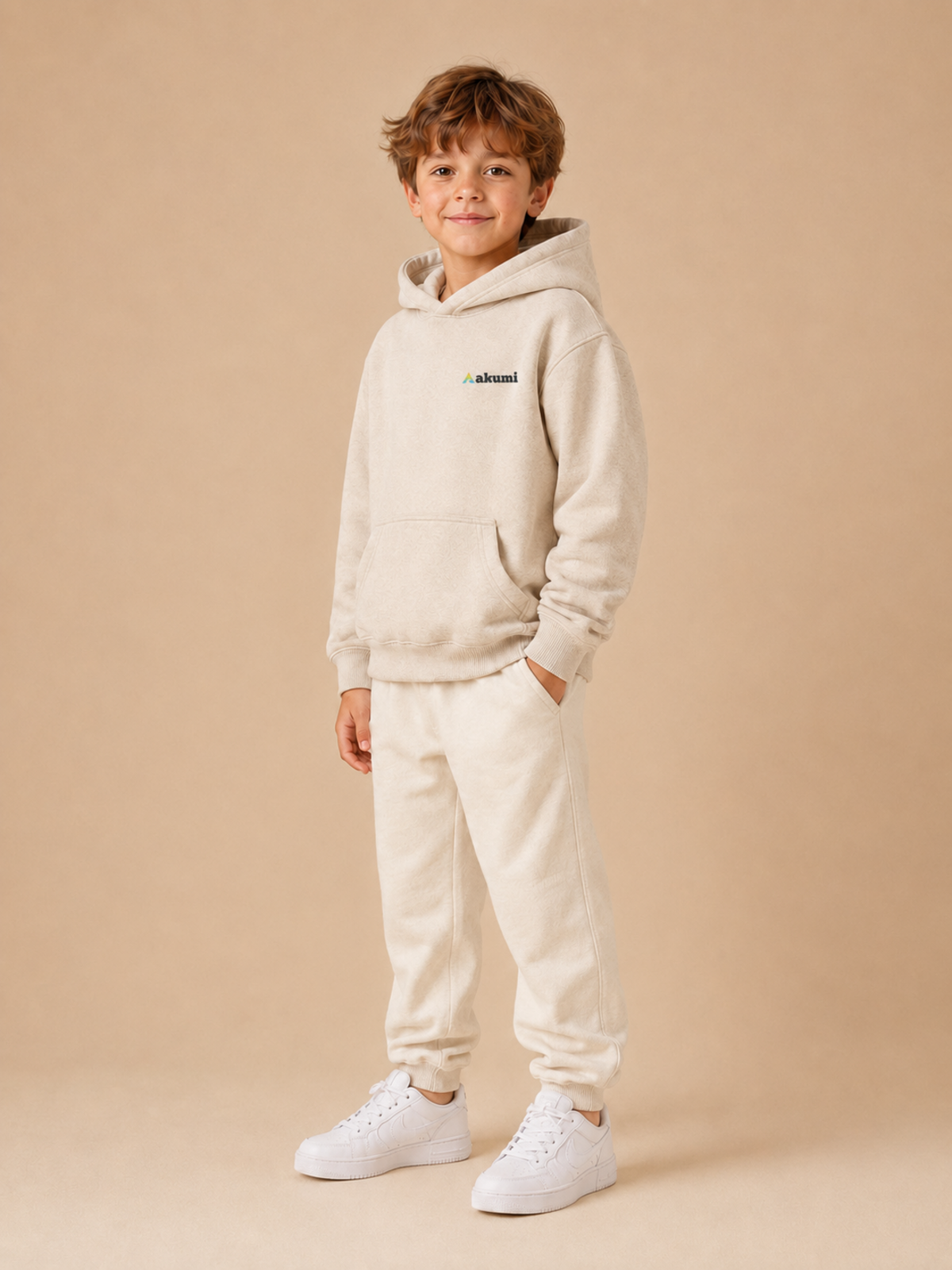 Akumi Little Summitmark Hoodie Alpine Oat view 2, single left-chest Akumi embroidery when visible