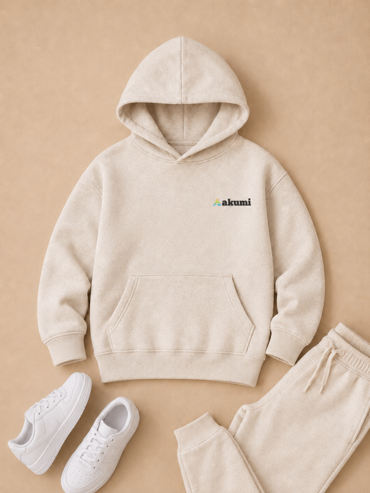 Akumi Little Summitmark Hoodie Alpine Oat view 5, single left-chest Akumi embroidery when visible
