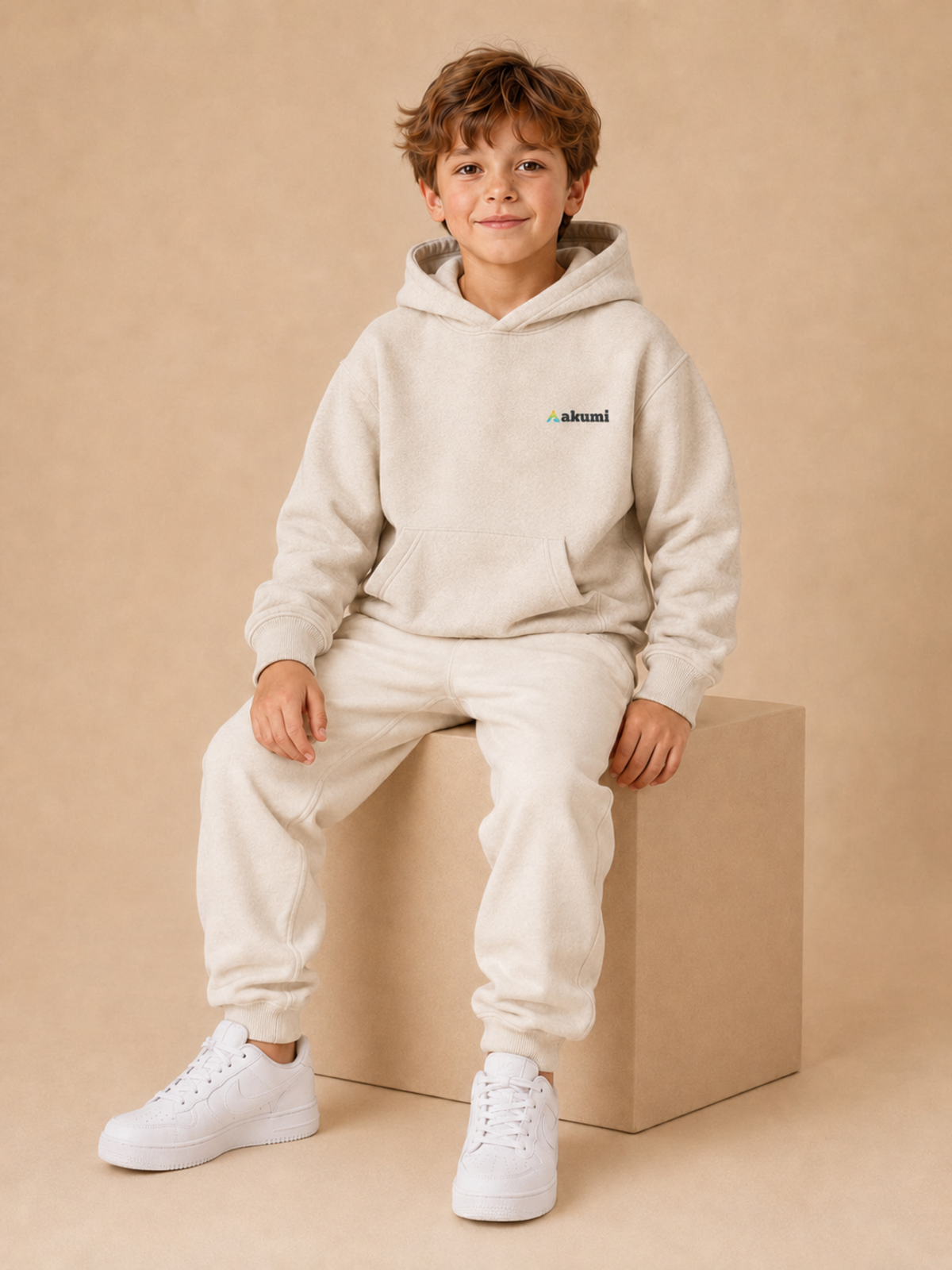 Akumi Little Summitmark Hoodie Alpine Oat view 6, single left-chest Akumi embroidery when visible