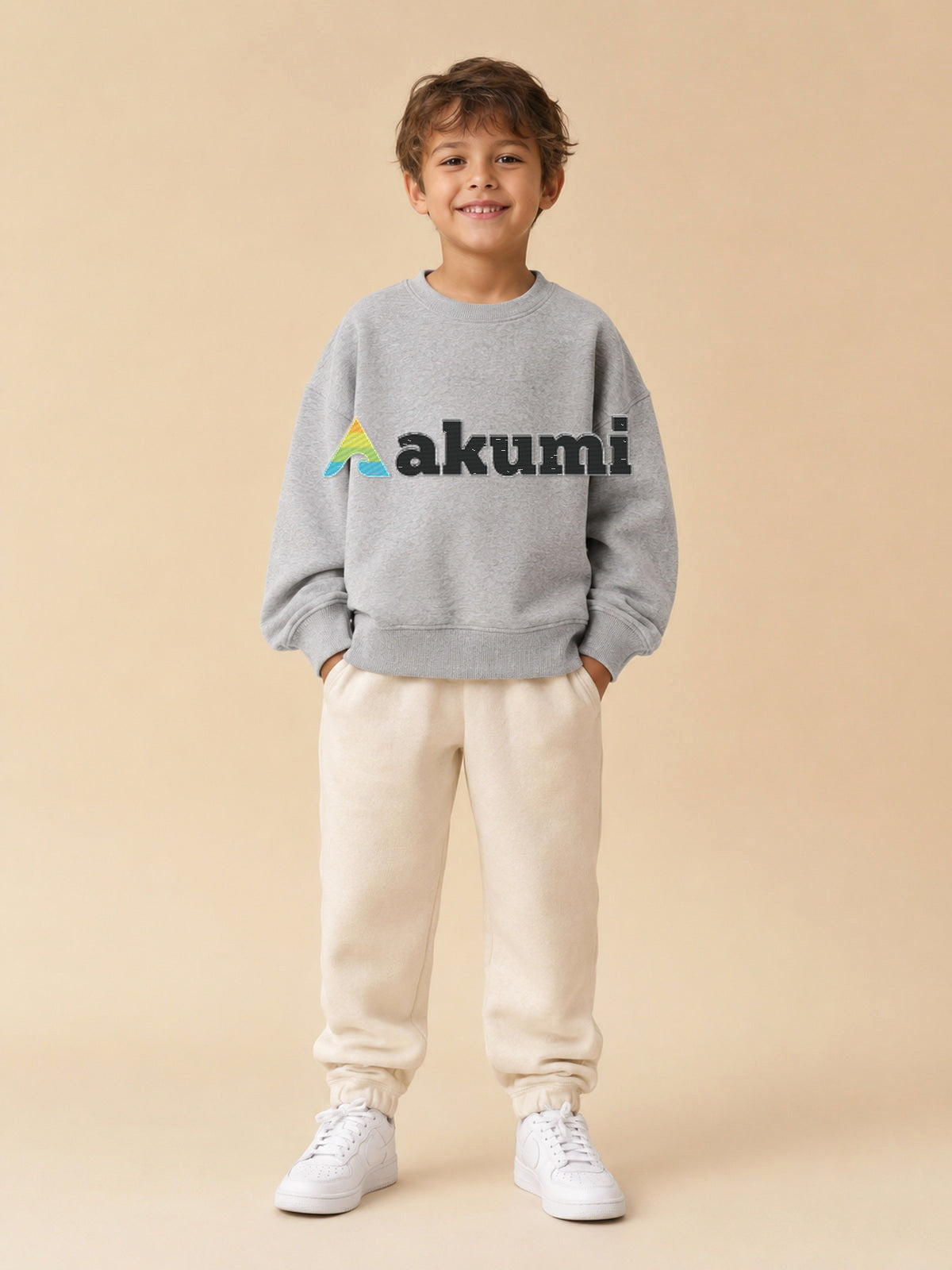 Akumi Little Varsitymark Crew Campus Grey front view with realistic embroidered Akumi logo