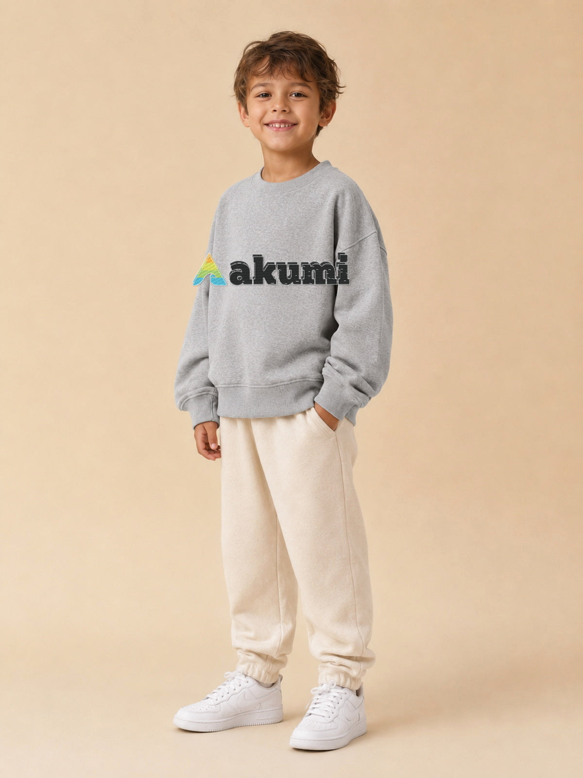 Akumi Little Varsitymark Crew Campus Grey three-quarter view with realistic embroidered Akumi logo