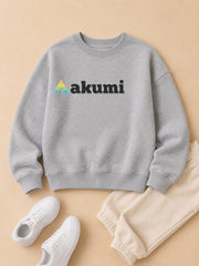 Akumi Little Varsitymark Crew Campus Grey flat lay with realistic embroidered Akumi logo