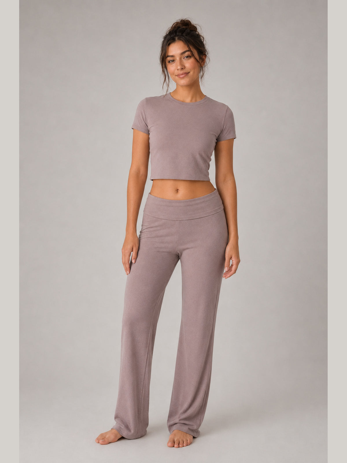 Akumi Lumaform Cropped Tee in Mauve Ash full body front view