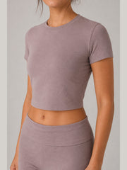 Akumi Lumaform Cropped Tee in Mauve Ash fabric and neckline detail