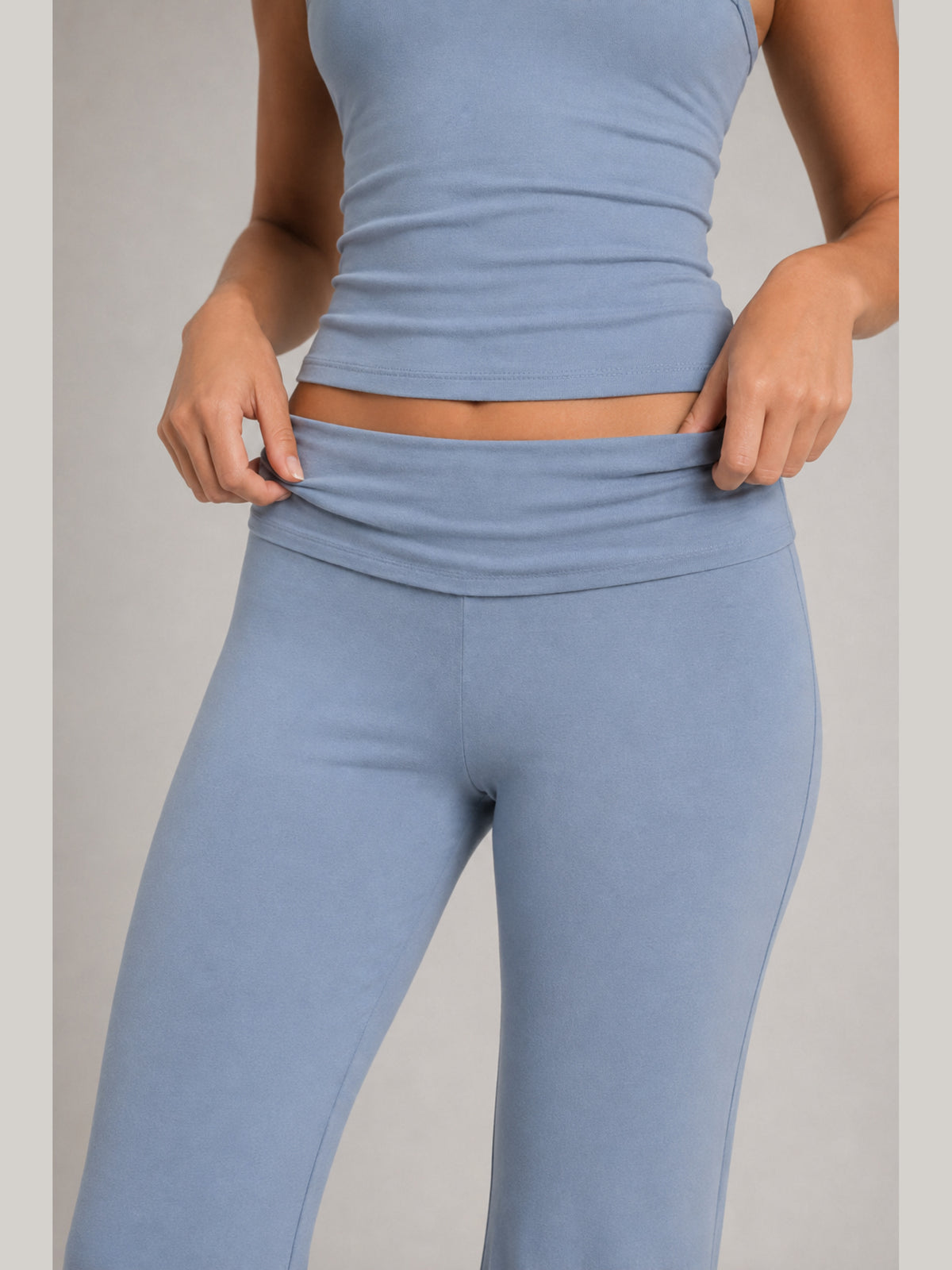 Akumi Lumaform Foldover Pant in Blue Fog foldover waistband detail