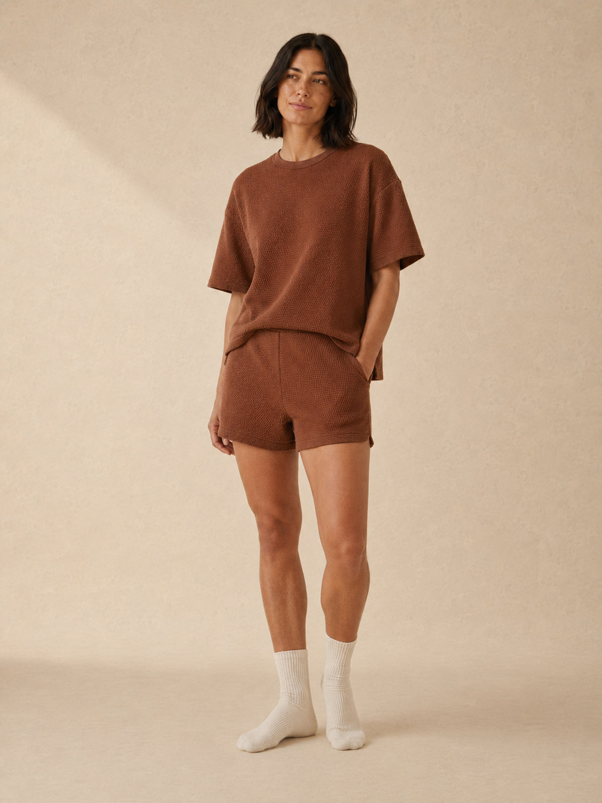 Akumi Morrow Thermal Lounge Short in Copper Haze styled with matching lounge tee front view