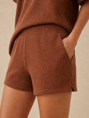 Akumi Morrow Thermal Lounge Short in Copper Haze fabric and pocket detail