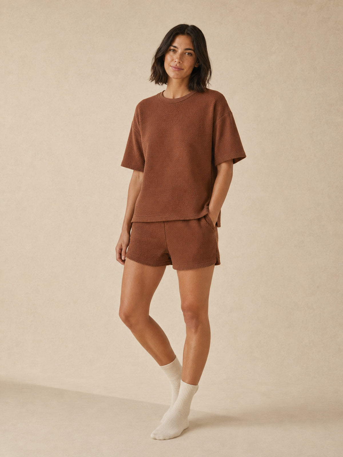 Akumi Morrow Thermal Lounge Short in Copper Haze relaxed full body styling