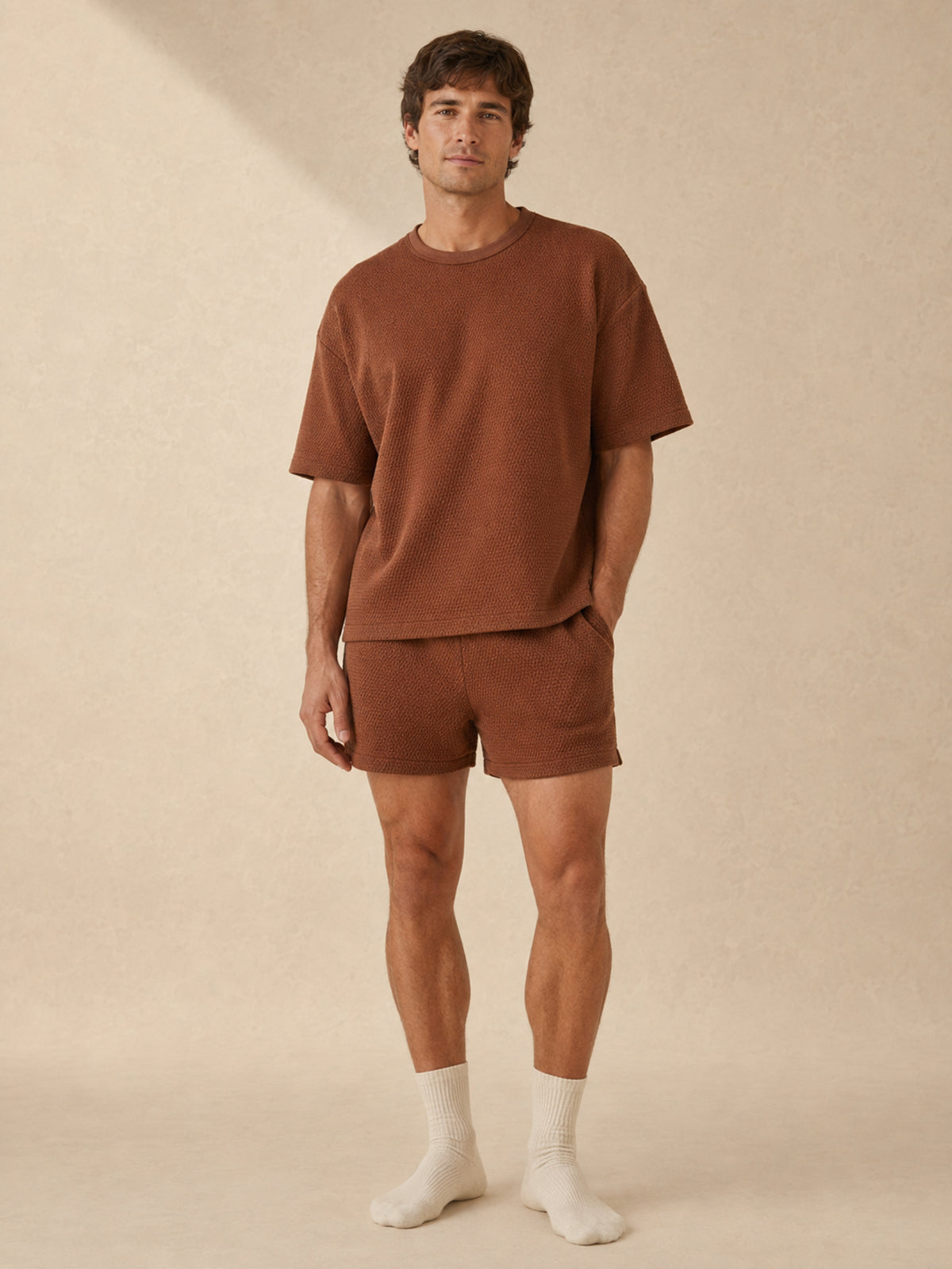 Akumi Morrow Thermal Lounge Tee in Copper Haze, men’s full-body fit view