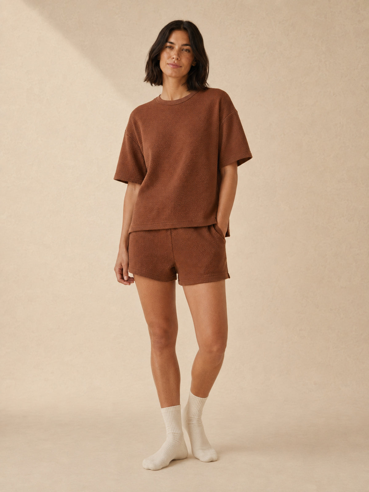 Akumi Morrow Thermal Lounge Tee in Copper Haze, women’s full-body fit view