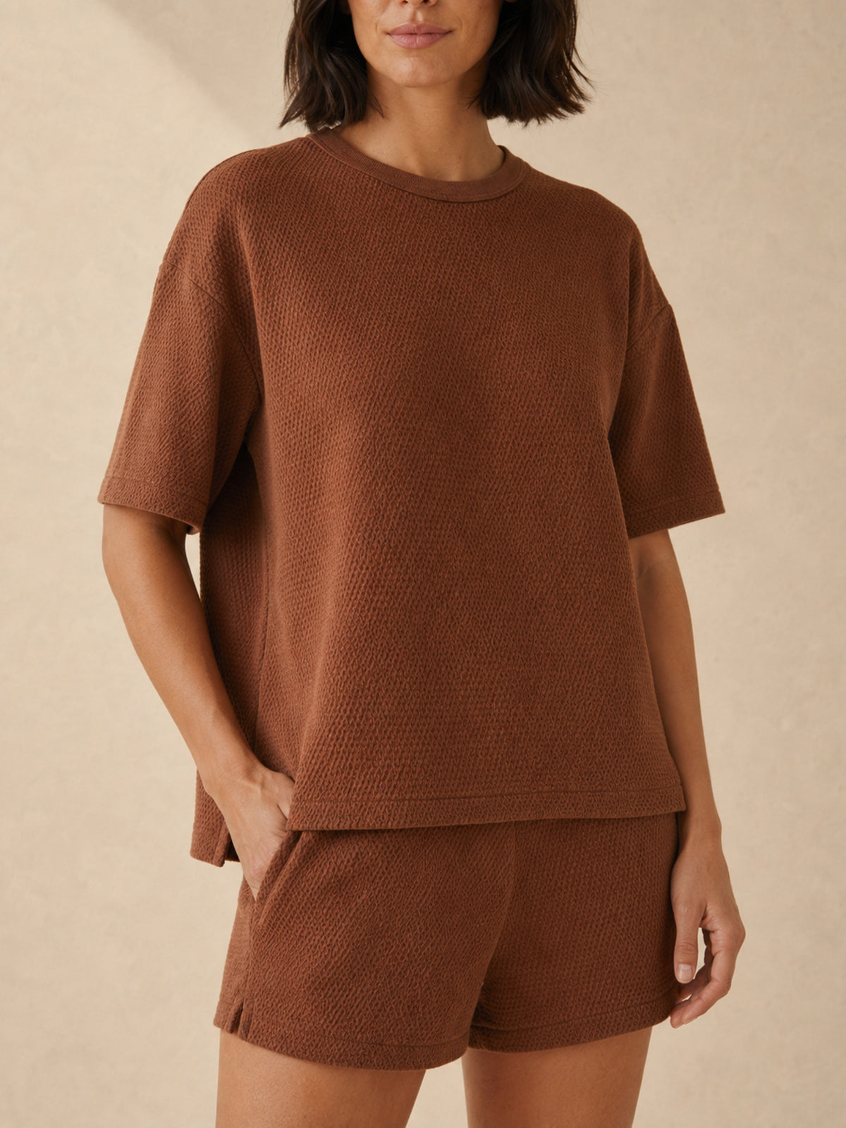 Akumi Morrow Thermal Lounge Tee in Copper Haze, honeycomb knit construction detail