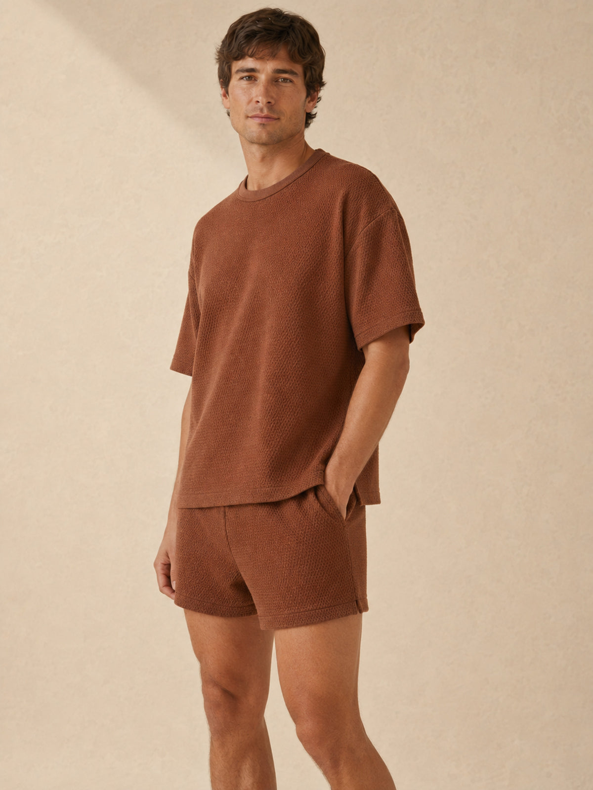 Akumi Morrow Thermal Lounge Tee in Copper Haze, men’s three-quarter fit view