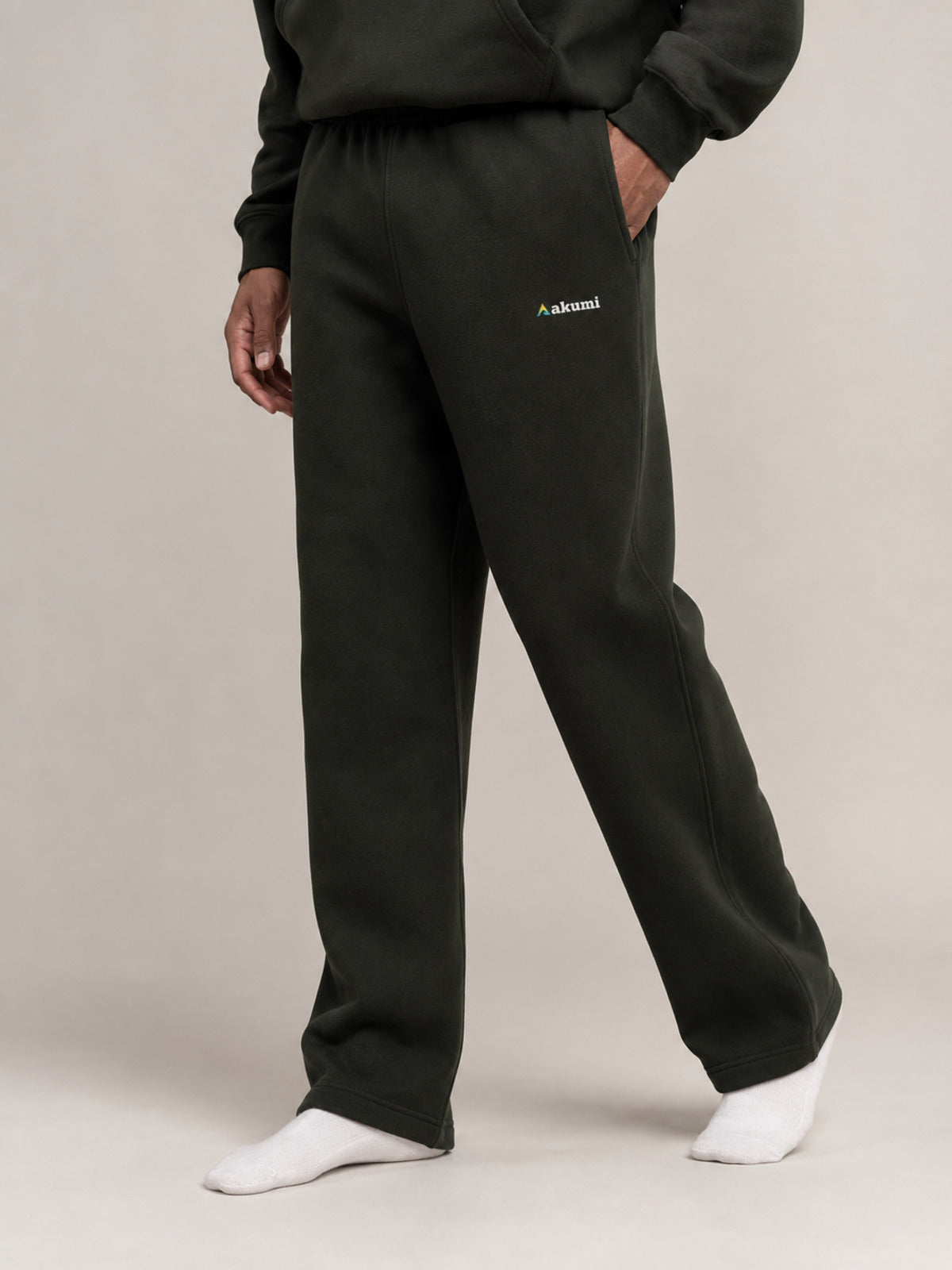 Akumi Openline Straight Pant in Onyx Moss close front three-quarter leg view