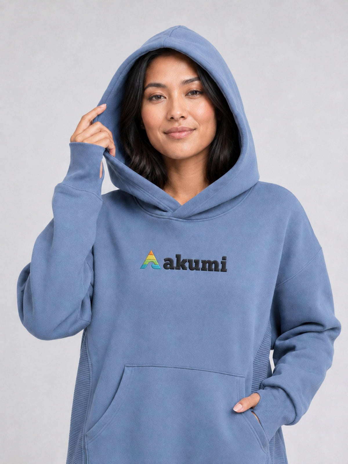 Dust Blue##Akumi Passage Hoodie, hood and raised logo detail