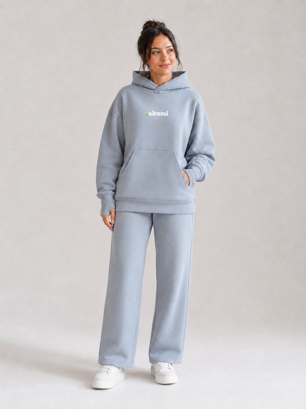 Akumi Quiet Transit Hoodie in Slate Mist, full front studio view