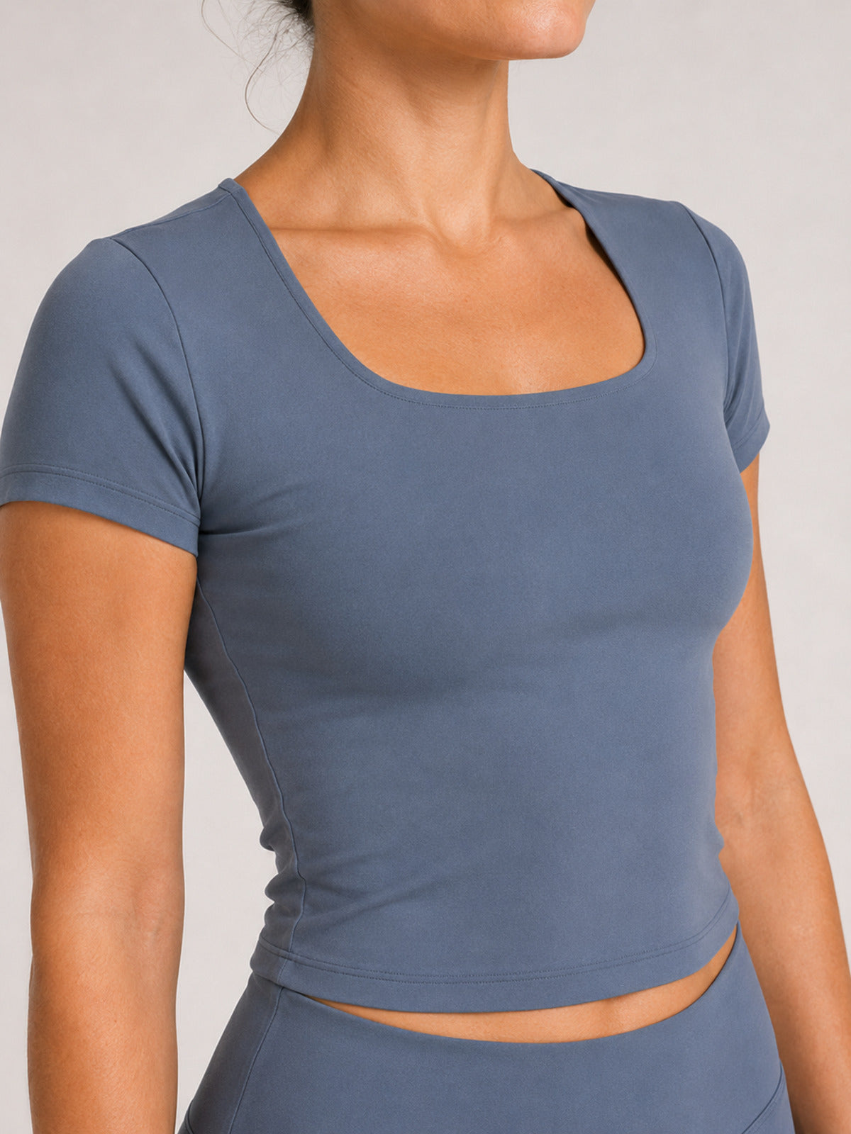 Mineral Slate##Akumi QuietForm Crop Tee, fabric and neckline detail