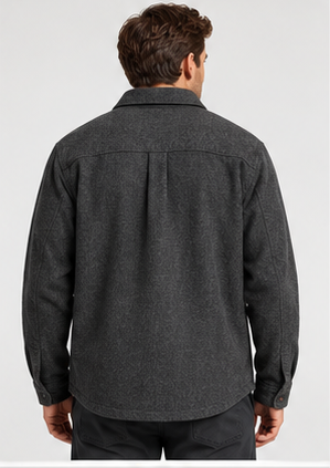 AI-generated Akumi concept render of Reclaim Wool Shirt Jacket, back view.